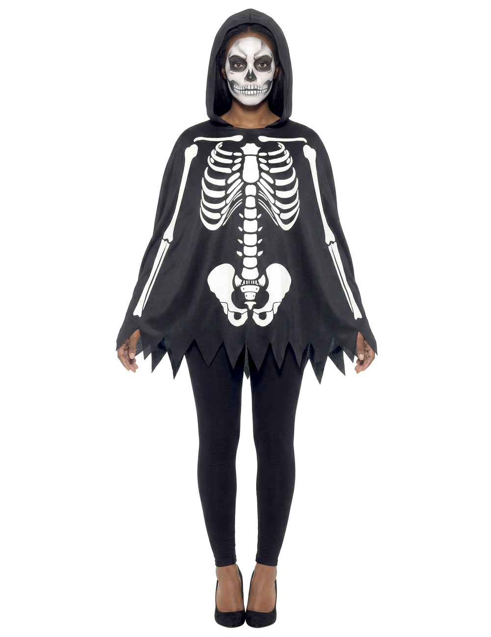 Poncho squelette pour adulte noir et blanc avec capuche
