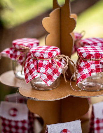 Rdeče-beli karirasti stekleni kozarec 7 cm slog ginguette