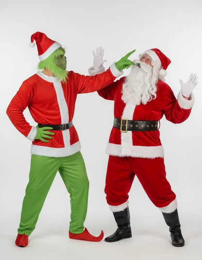 Razkošen komplet kostumov za odrasle z zeleno pošastjo in Božičkom