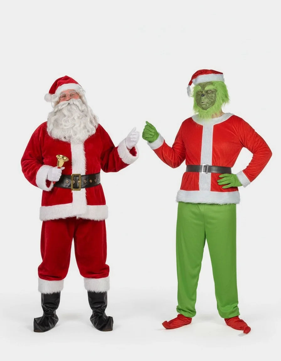Razkošen komplet kostumov za odrasle z zeleno pošastjo in Božičkom