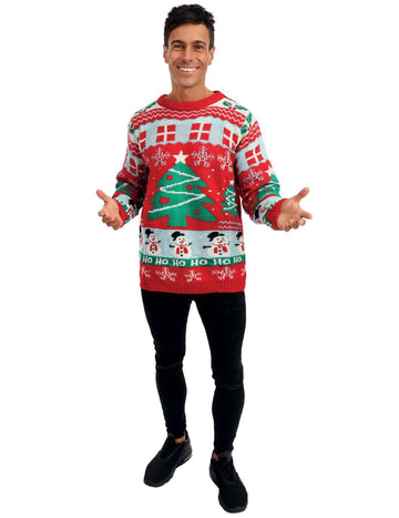 Rdeči božični pulover z božičnimi drevesi