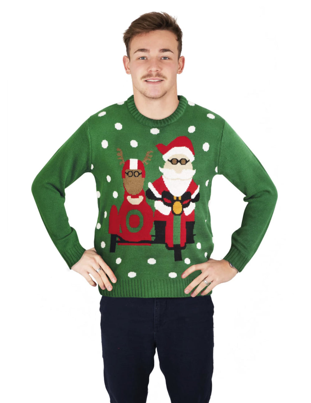 Pull de Noël Père Noël motard pour homme vert avec motif renne