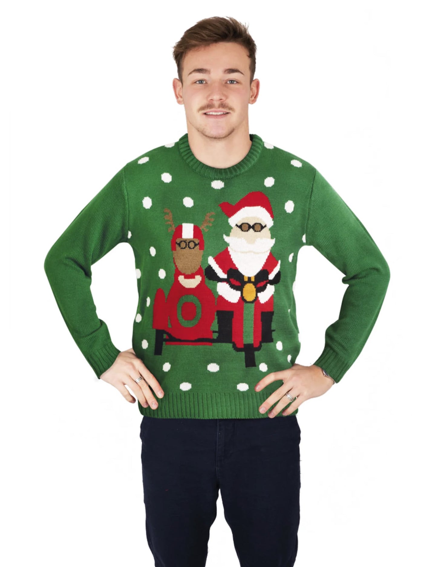 Pull de Noël Père Noël motard pour homme vert avec motif renne