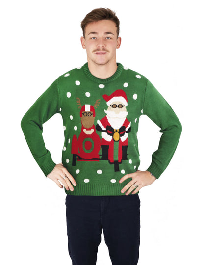Zeleni božični pulover z Božičkom Motardom