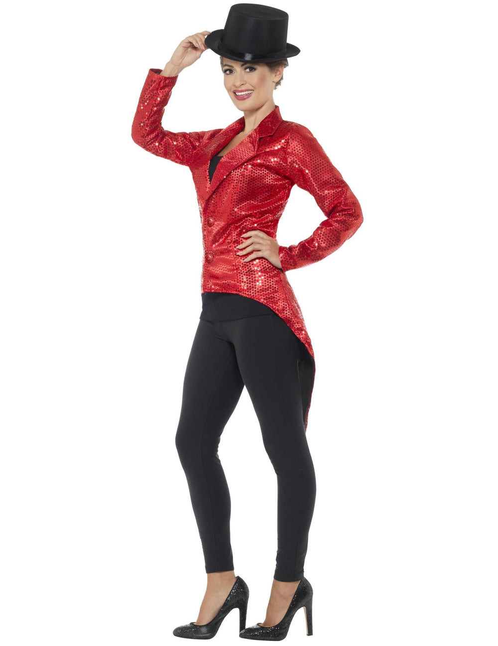 Vue de profil de la queue de pie à sequins pour femme rouge