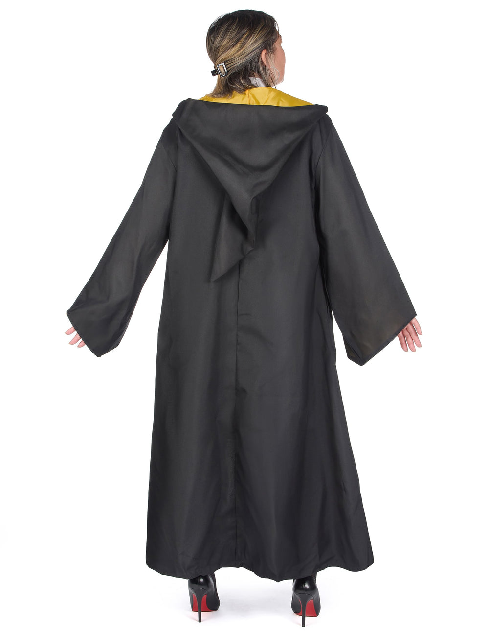 Réplique luxe robe de sorcier Poufsouffle pour adulte noire et jaune vue de dos