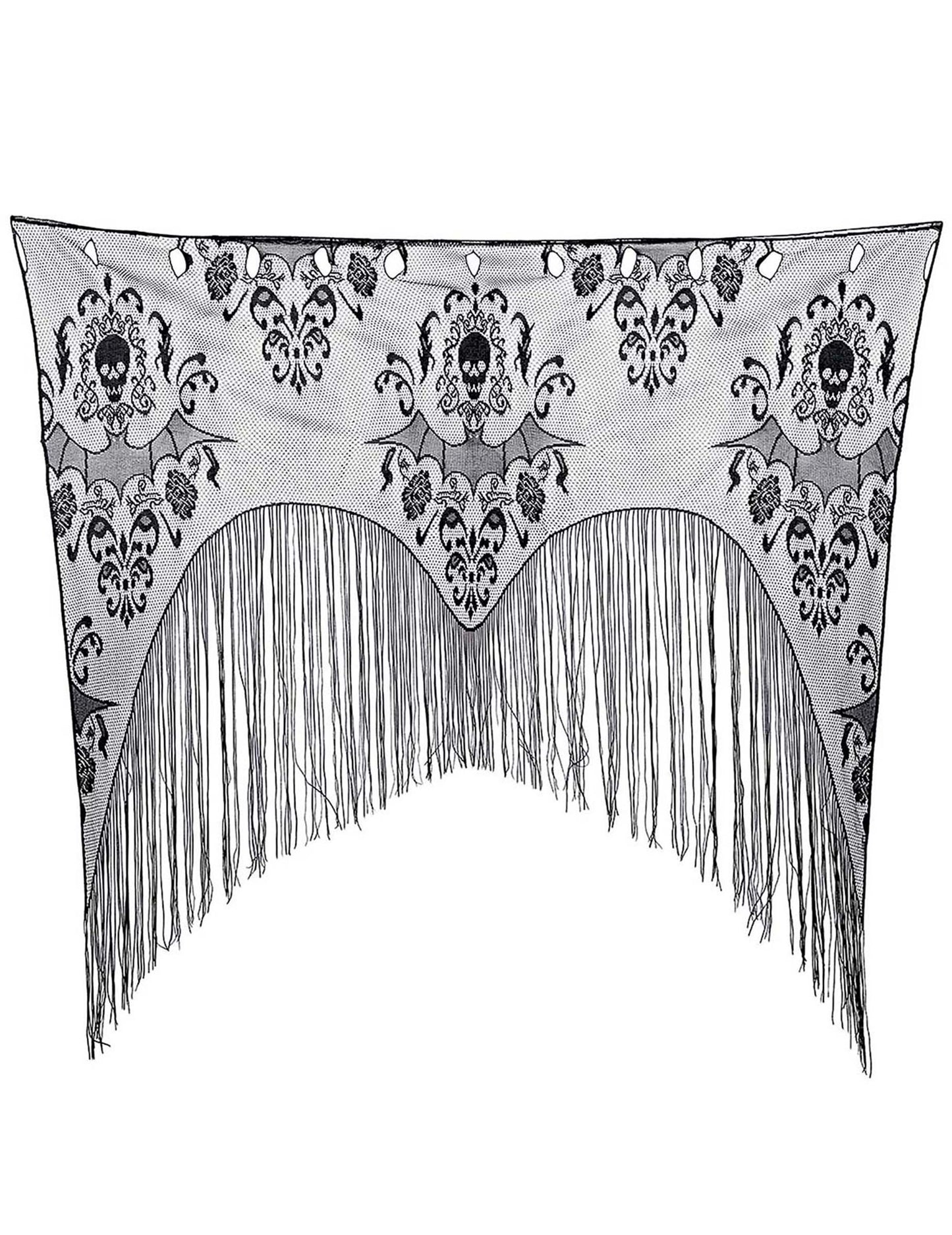 Détail de la dentelle et des motifs du rideau de porte à franges chauve-souris