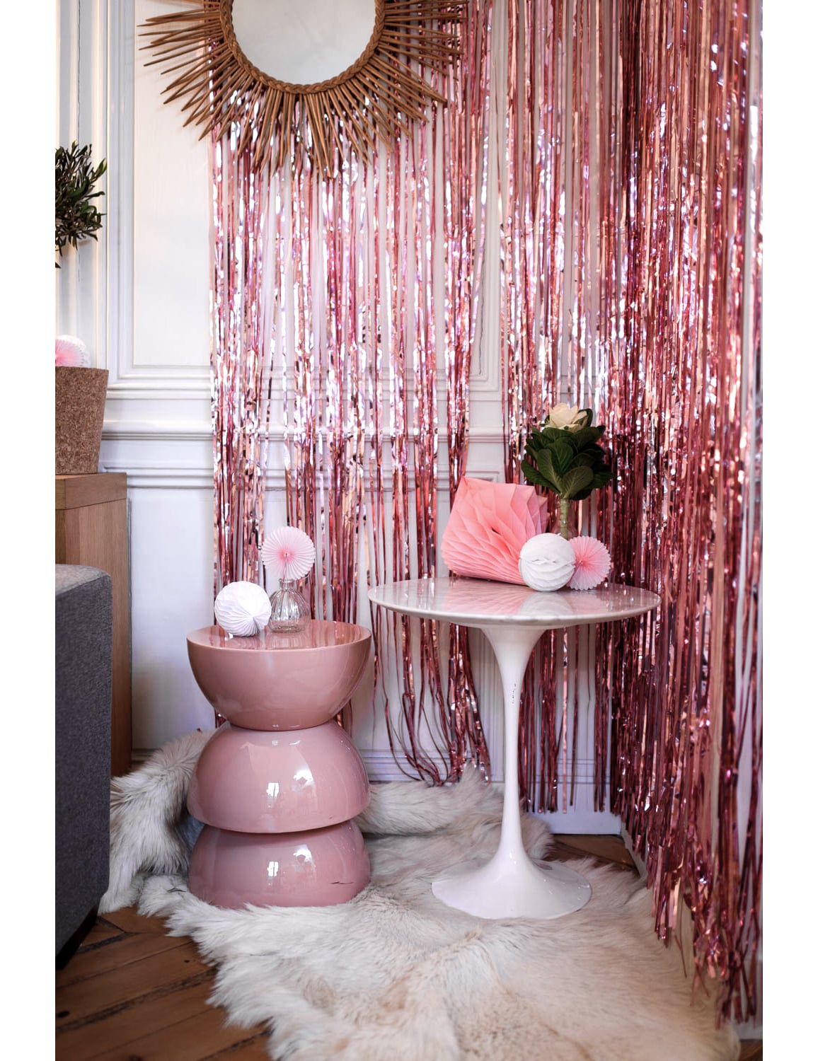 Rideau scintillant à franges rose gold pour décoration de fête rose gold métallisé