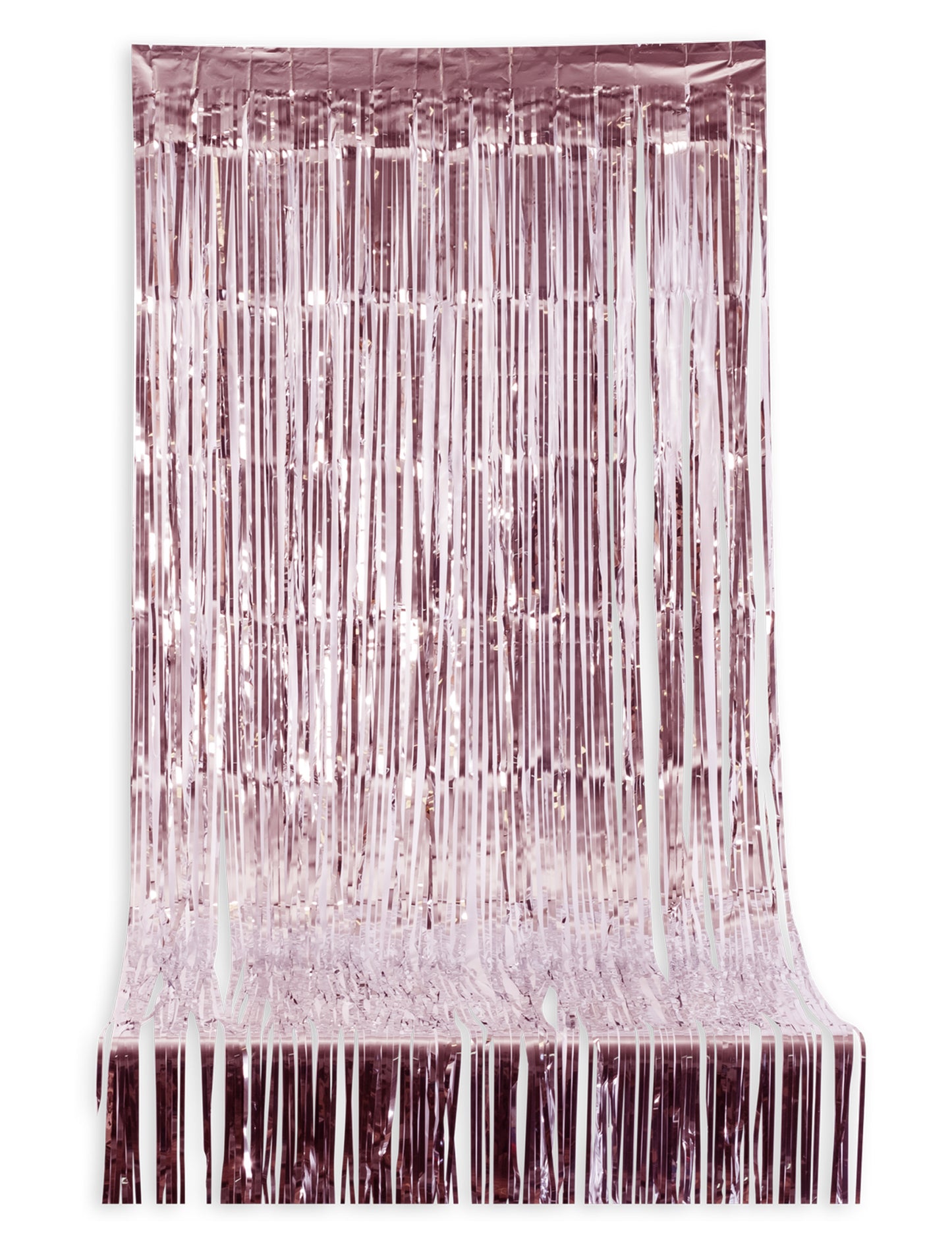 Vue de face du rideau scintillant à franges pour fête rose gold