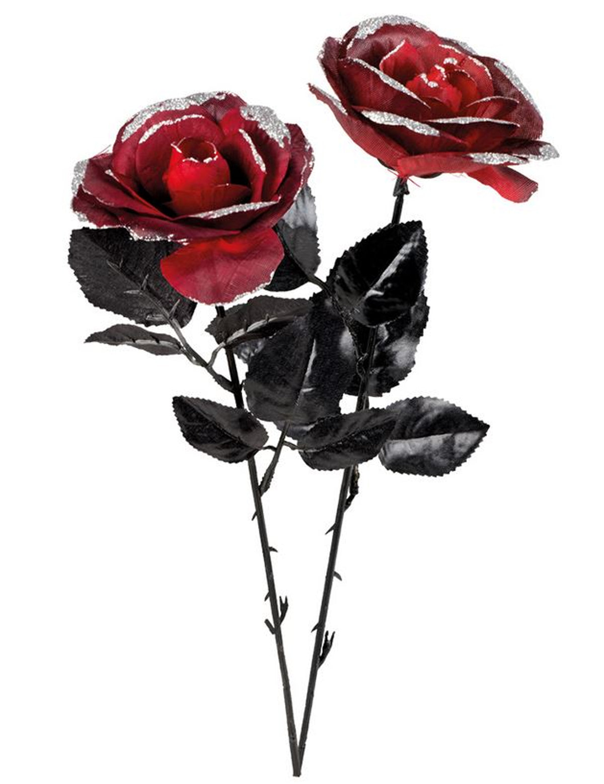 Gros plan sur les pétales à paillettes de la rose Halloween rouge et noire