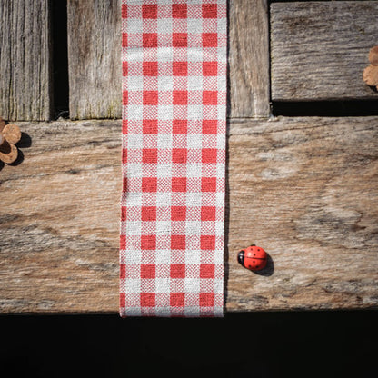 Rdeč in bel retro karirasti laneni trak 5 cm x 5 m v stilu ginguette