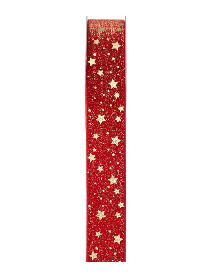 Ruban étoiles dorées rouge 2,5 cm x 3 m
