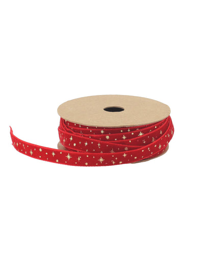 Rdeč žameten trak z zlatimi zvezdicami 1 cm x 3 m