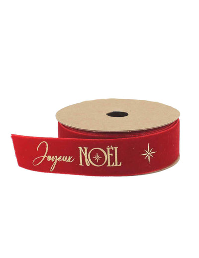 Rdeč žameten trak Joyeux Noël in zlat 2,5 cm x 3 m