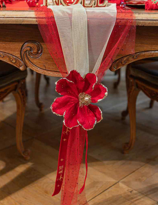 Rdeč žameten trak Joyeux Noël in zlat 2,5 cm x 3 m
