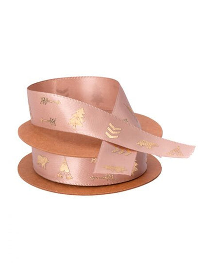 satenast trak v barvi indijskega gozda, prelit z zlatom, taupe 1.9 cm x 10 m vzorci teepeeja in medveda