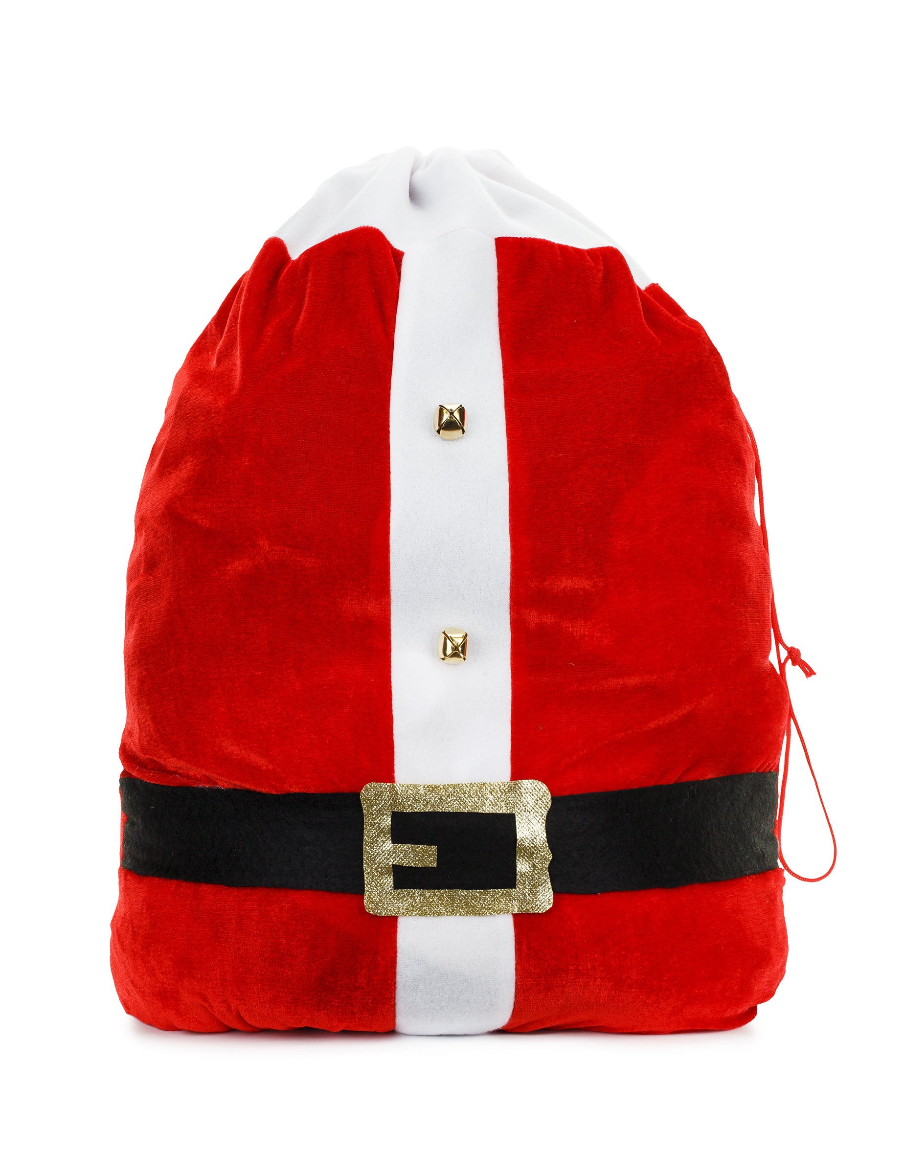 Hotte du Père Noël pour adulte rouge et blanche avec ceinture noire et boucle dorée