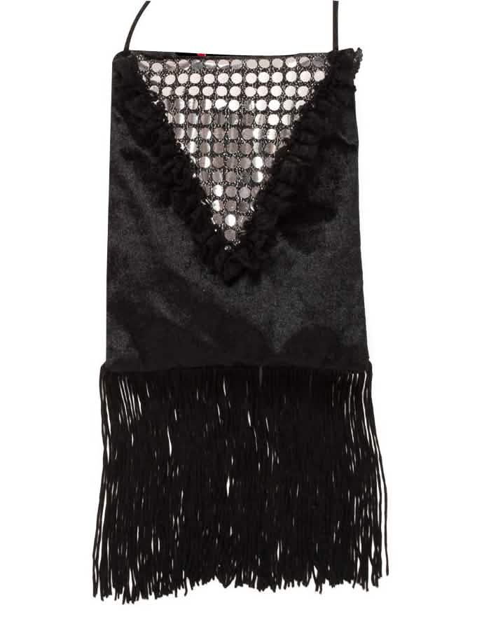 Sac charleston pour femme noir avec sequins argentés et franges