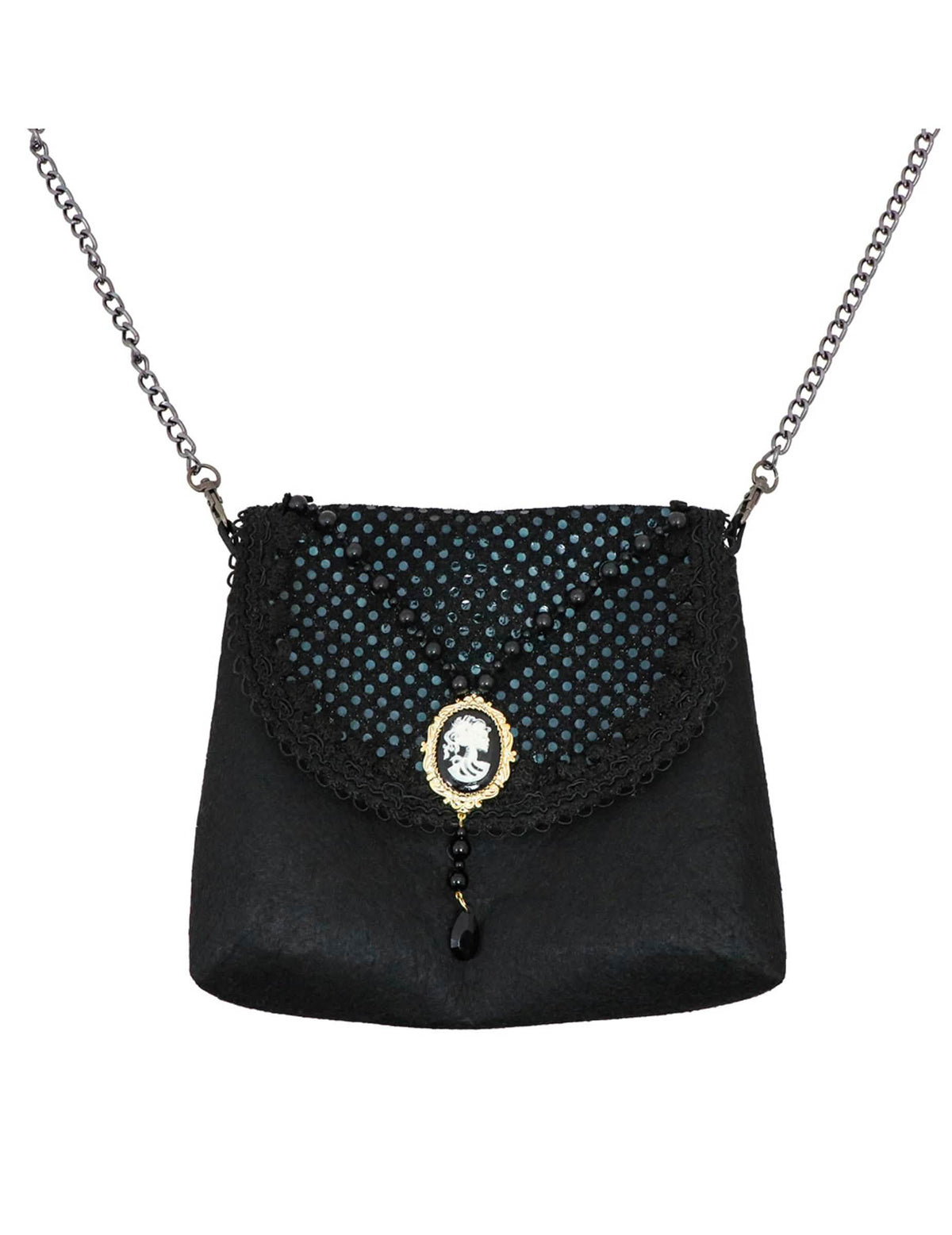gotska torbica za ženska črna s bleščicami in kamejo