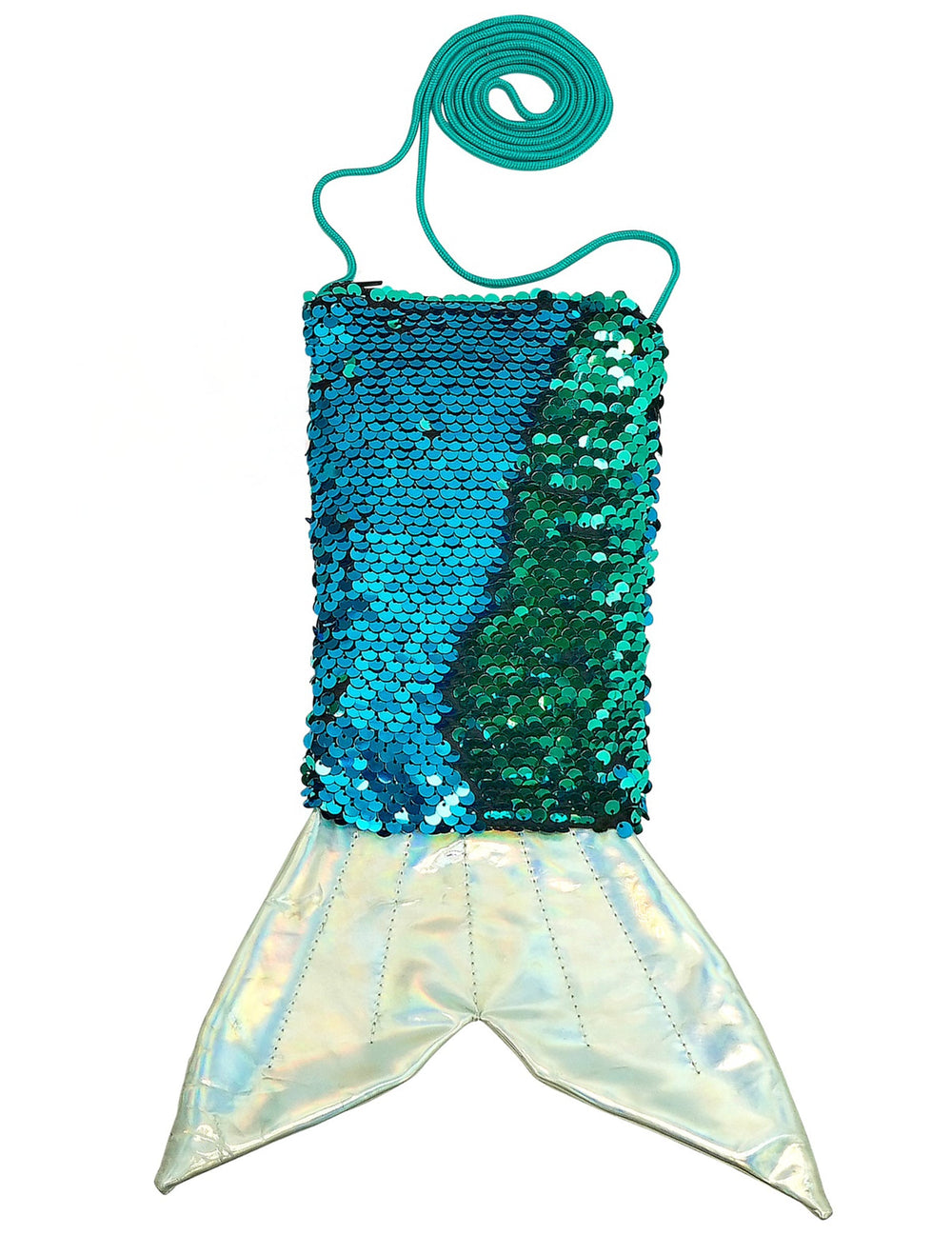 Détail des sequins et de la nageoire holographique du sac queue de sirène