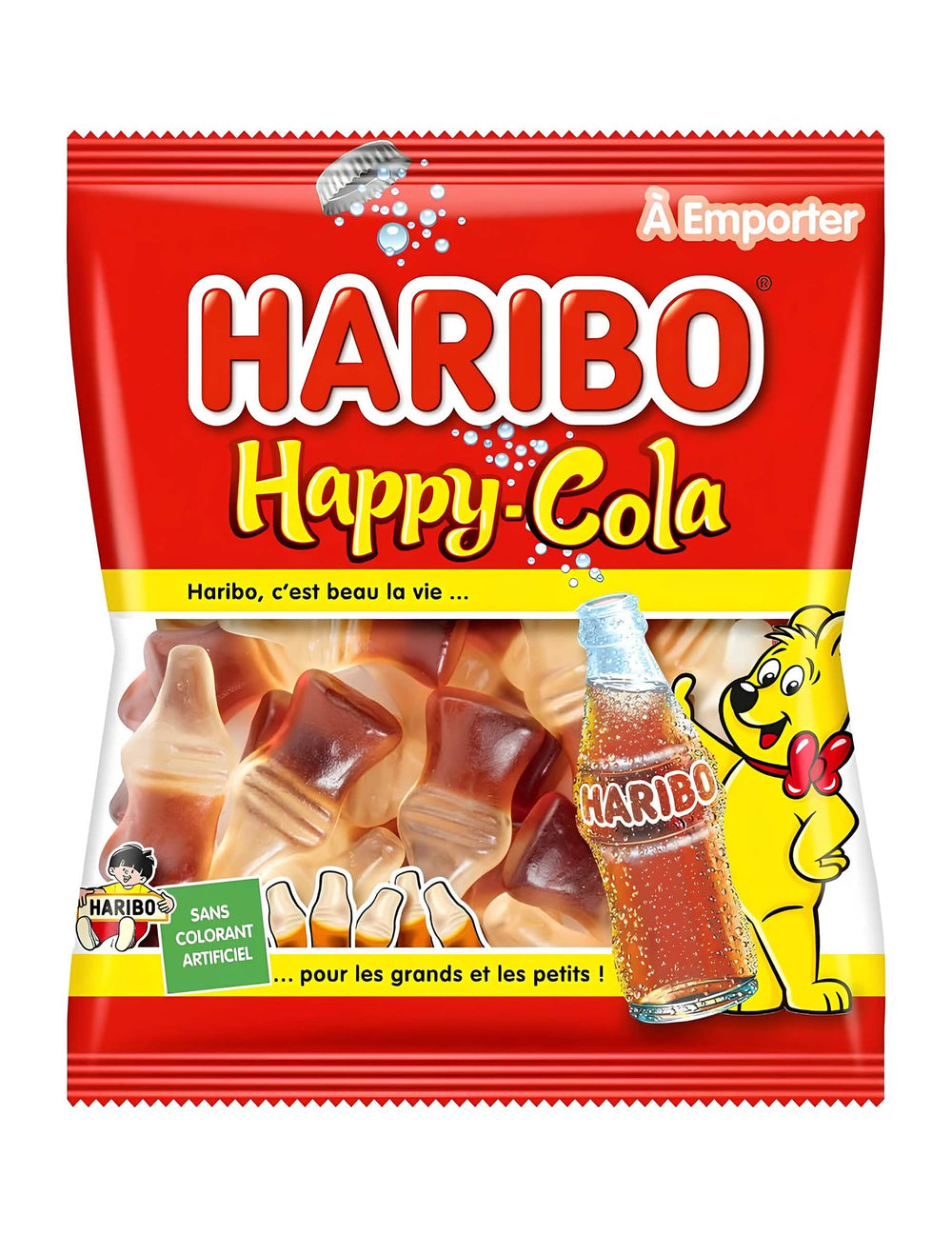 Vrečka bombonov Haribo Happy Cola za male in velike rdeča in rumena