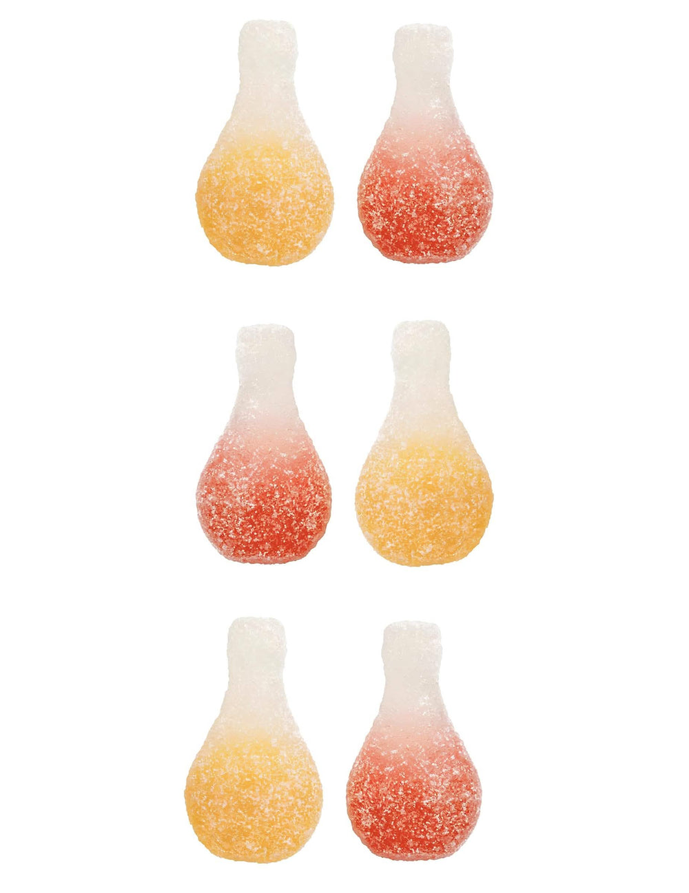 Velik plan na kisle bombone v obliki stekleničk iz vrečke bonbonov Orangina Pik Haribo
