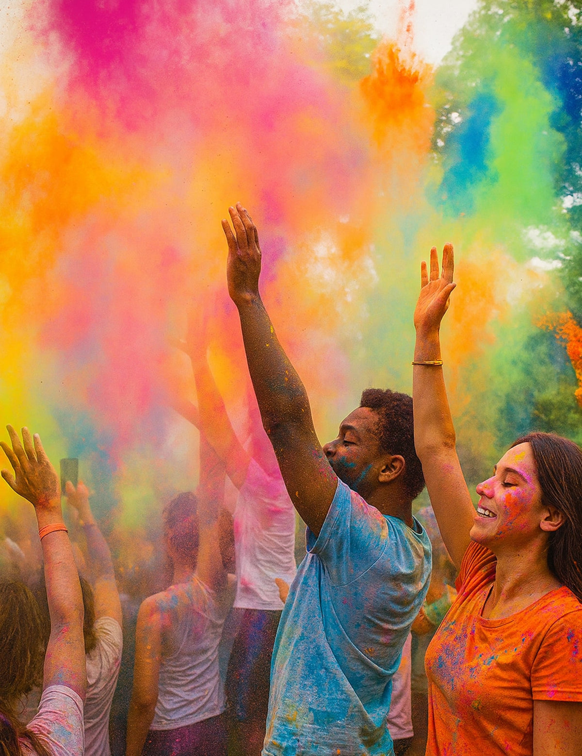 Mise en situation lors d'un festival du sachet de poudre à effet Holi jaune fluo