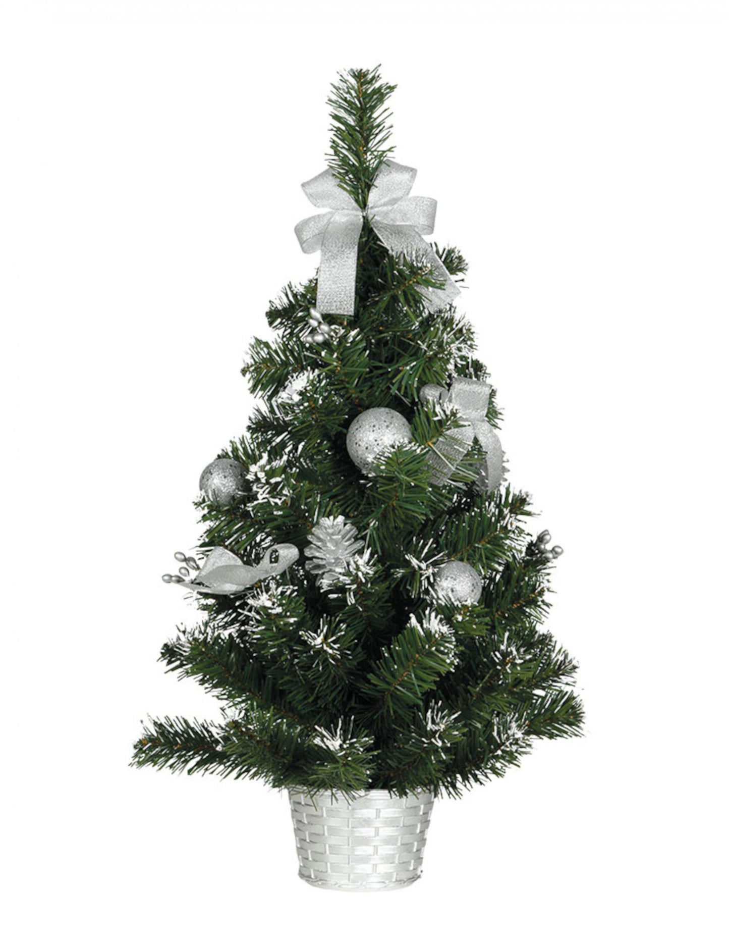 Božično drevo na stojalu s srebrnimi okraski 60 cm snežen videz