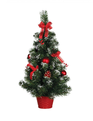 Božično drevo na stojalu z rdečimi okraski 60 cm snežni učinek