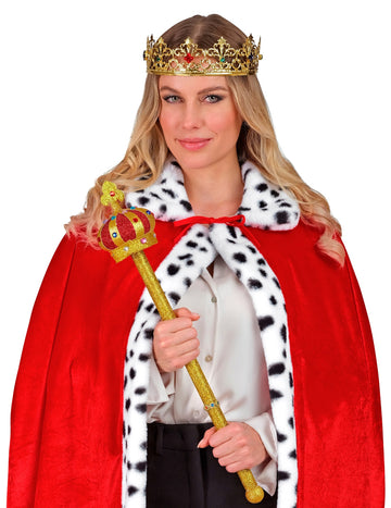 Sceptre royal pour adulte doré avec couronne rouge et paillettes