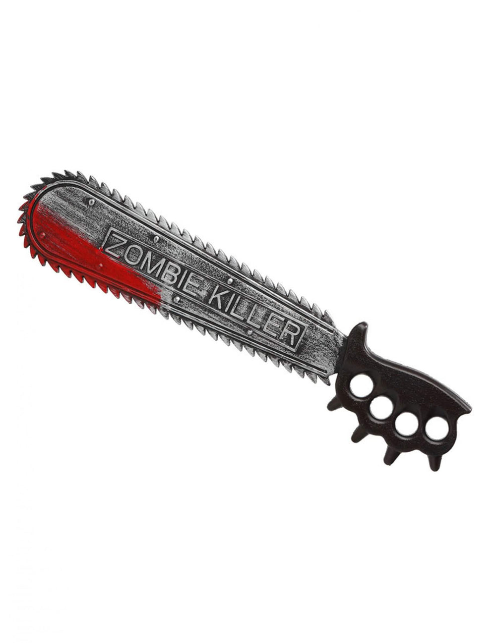 Scie ensanglantée Zombie pour adulte grise avec poignée poing américain et inscription Zombie Killer