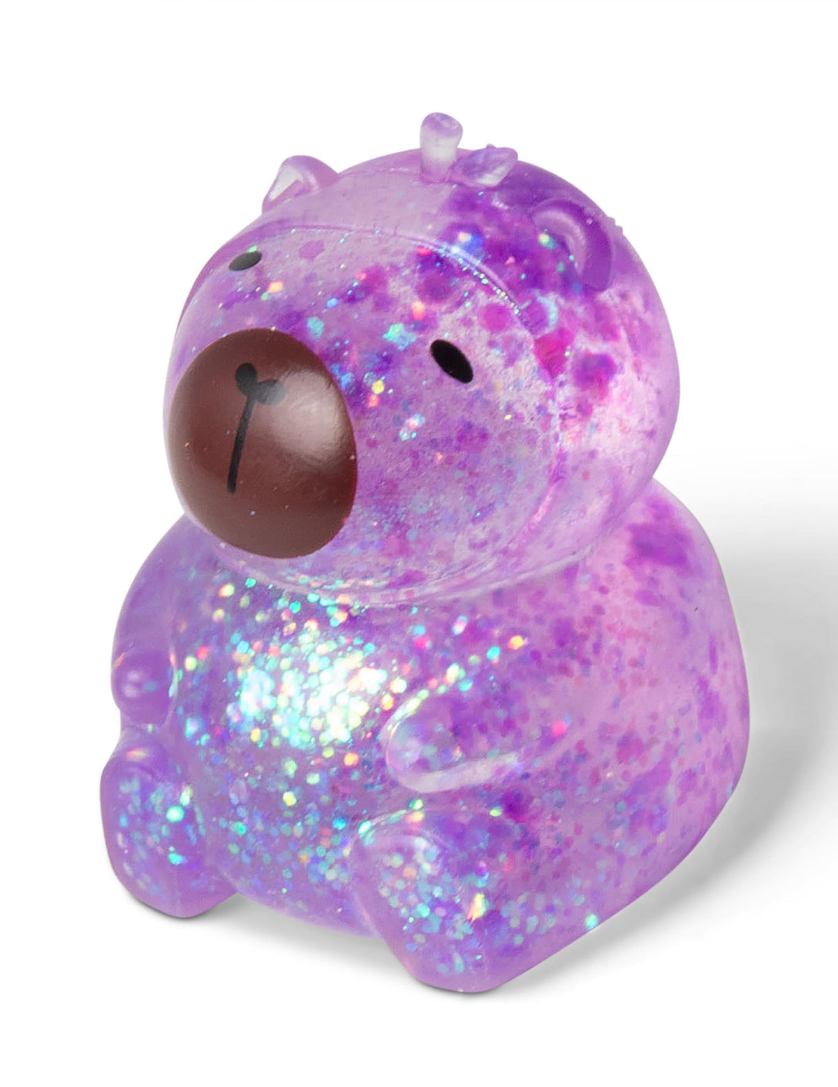Vue de face de la balle anti stress capybara Scrunchems violette pailletée
