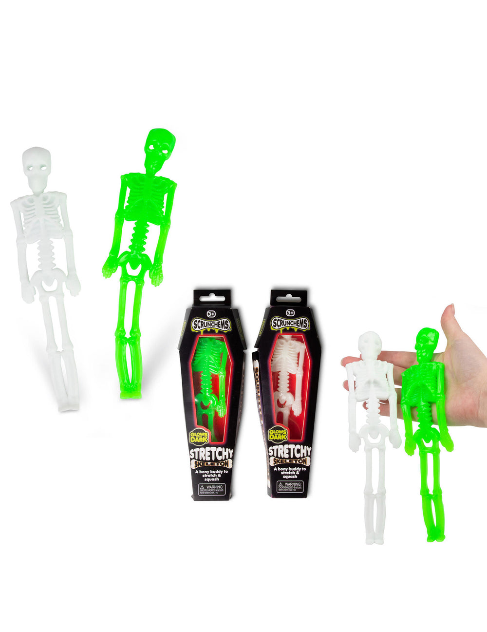 Jouet squelette extensible Scrunchems pour enfant phosphorescent vert et blanc