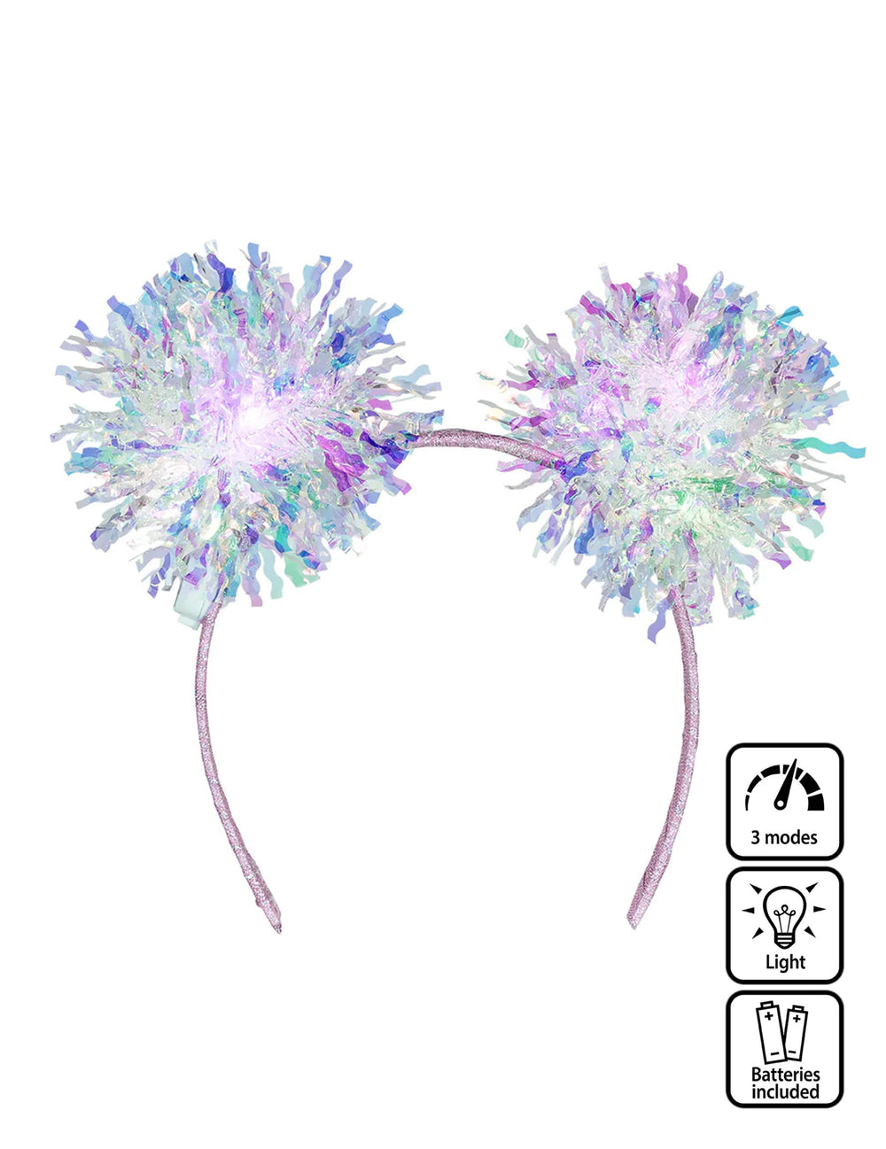 Détail des trois modes et des piles incluses du serre-tête à pompons lumineux
