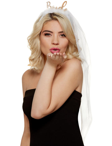 Naglavni trak s tančico Bride za dekliščino, bel in zlat s bleščicami