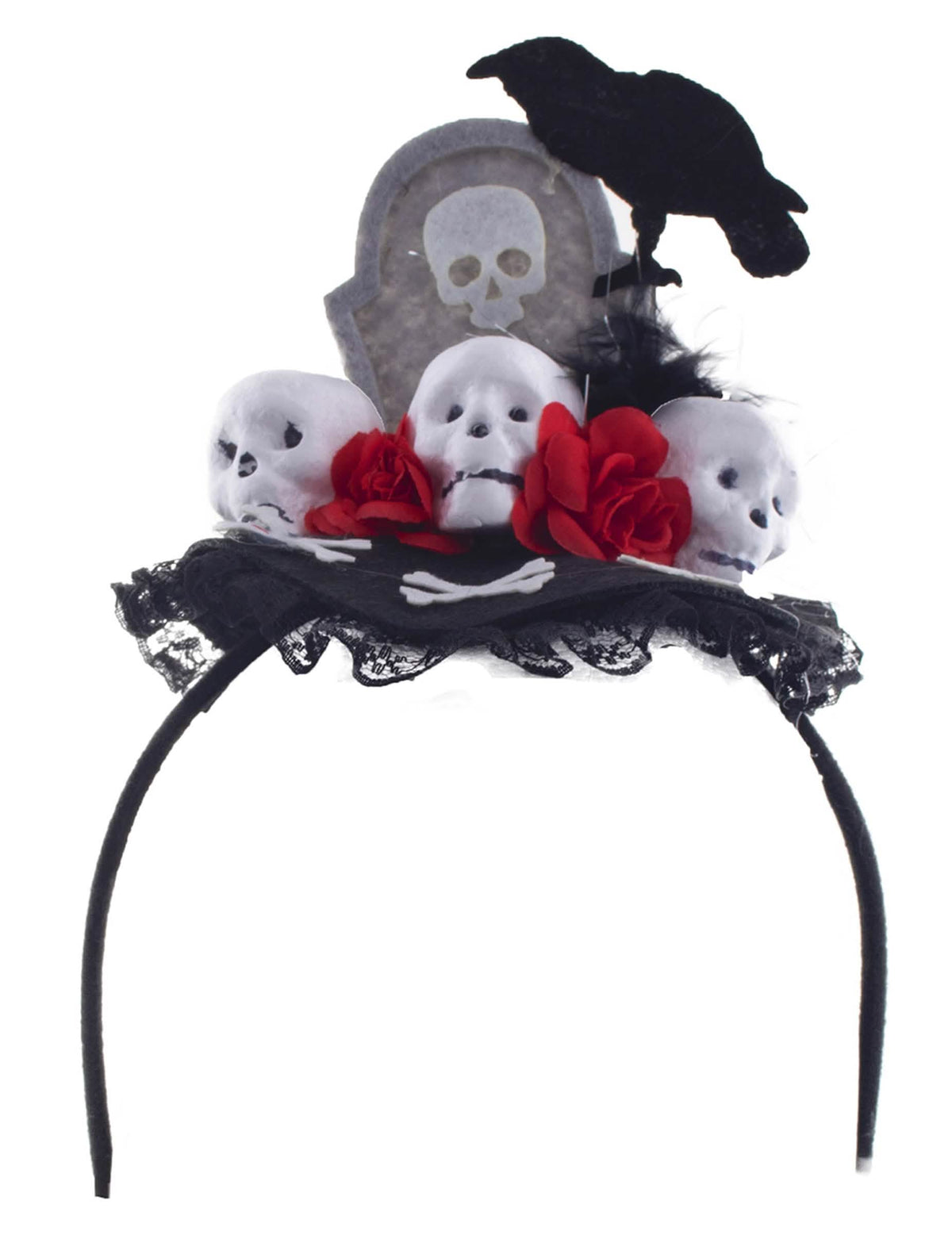 naglavni trak z vrano Dia de los muertos za ženska črna s lobanjami in rdečimi vrtnicami