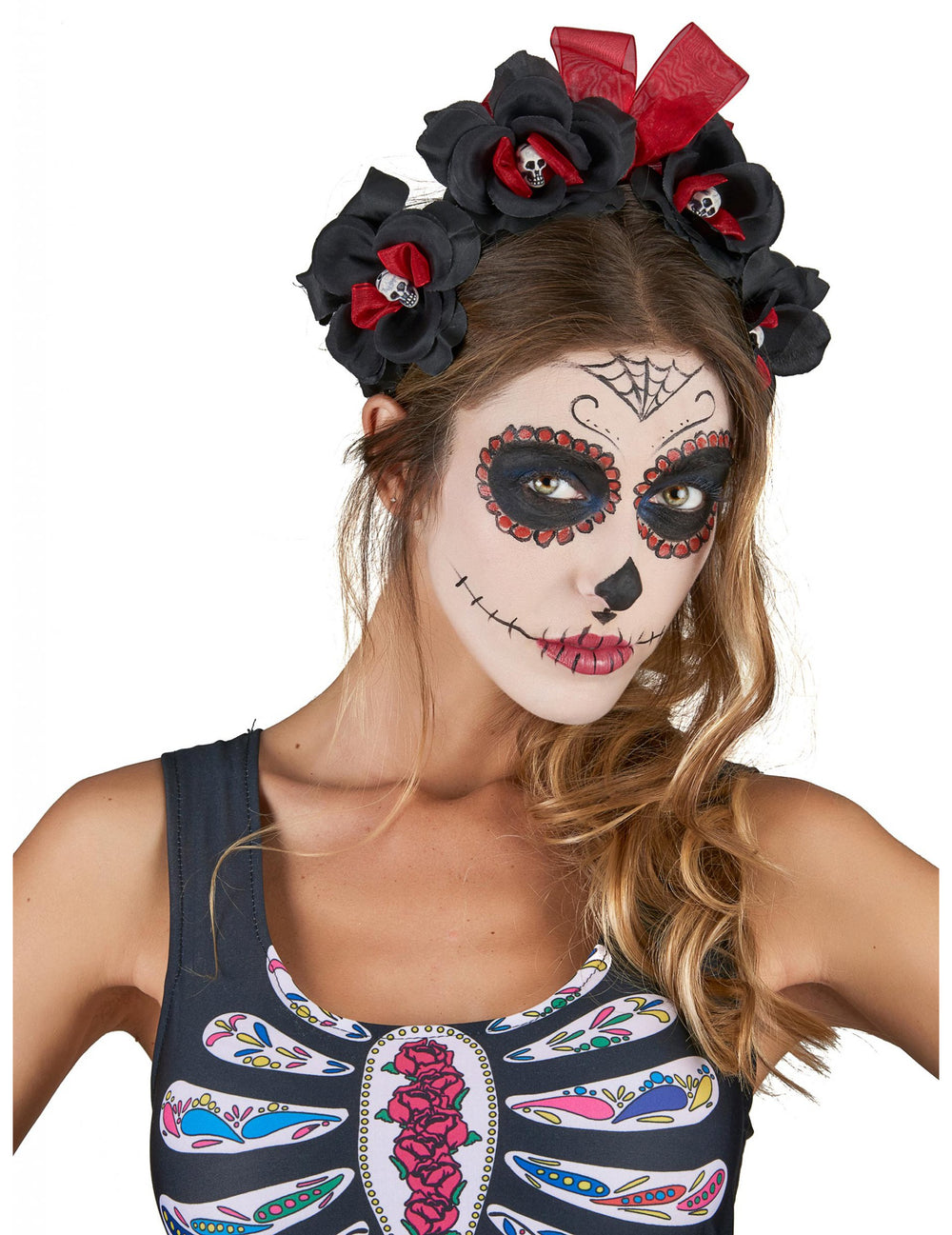 Serre-tête fleurs Dia De Los Muertos pour adulte noir et rouge avec petites têtes de mort