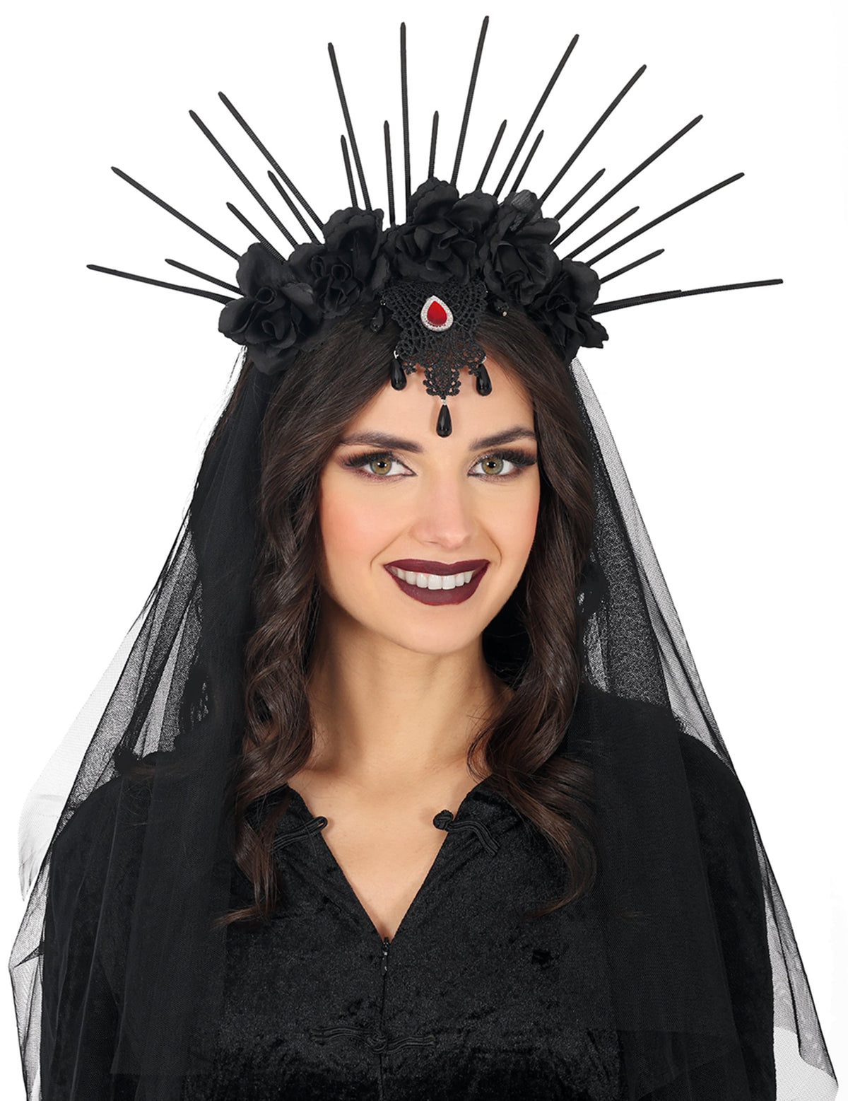 Serre-tête fleurs avec voile pour femme noir à pointes et roses noires