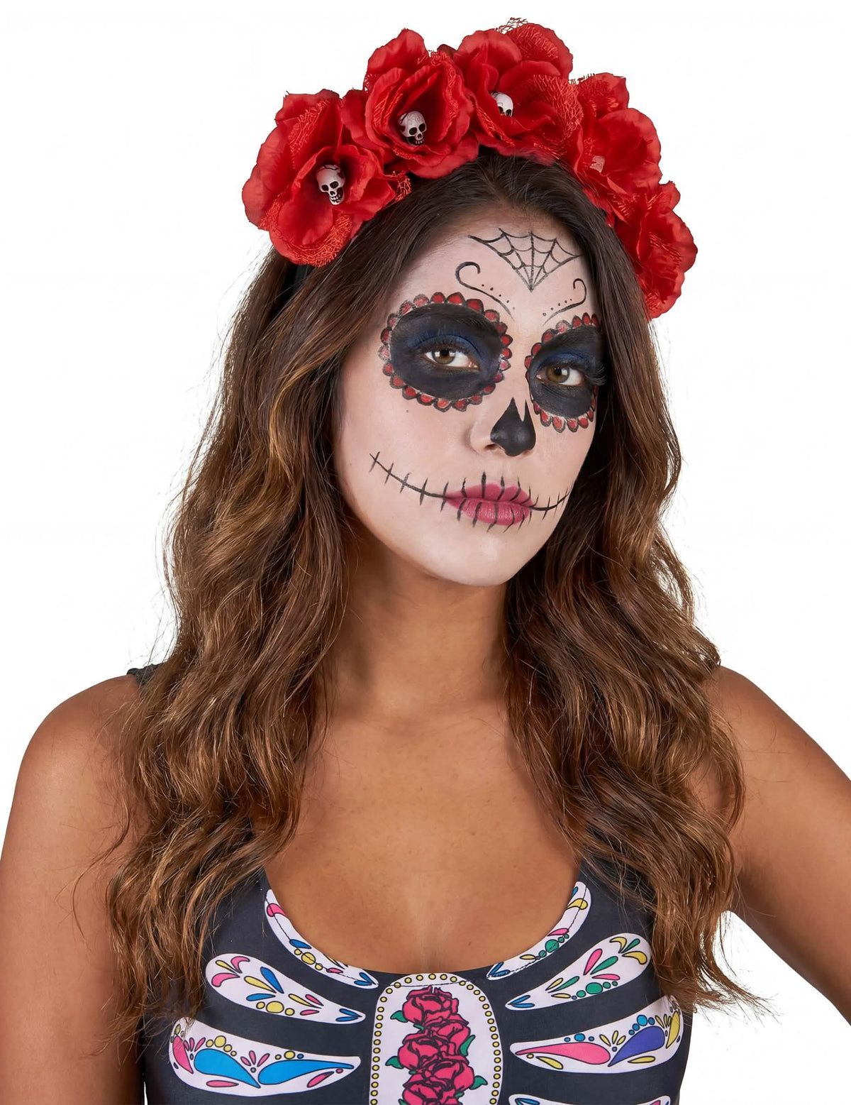 Rdeči cvet za glavo Dia de los muertos odrasla oseba