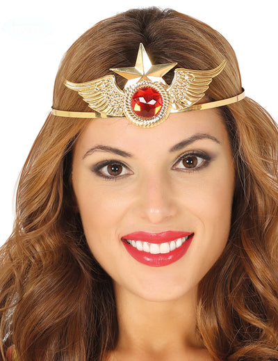 Serre-tête super héroïne pour femme métal or avec pierre rouge