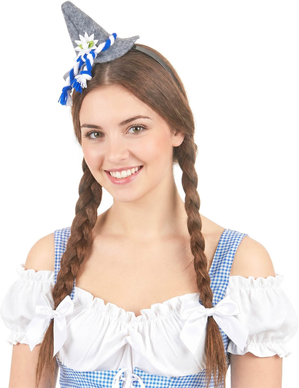 Mini klobuček bavarski za odrasli siva z modro in belo vrvico ter cvetlico edelweiss