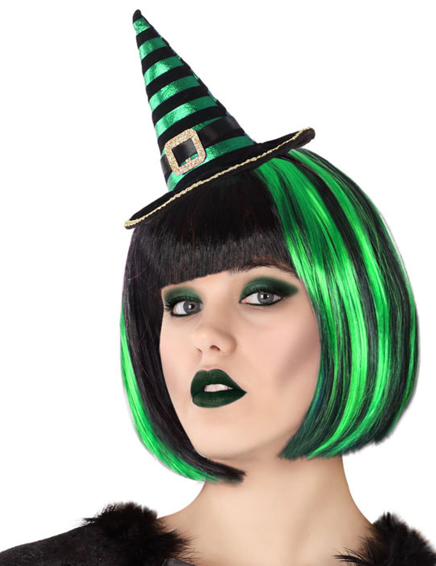 Serre-tête mini chapeau de sorcière rayé pour adulte noir et vert