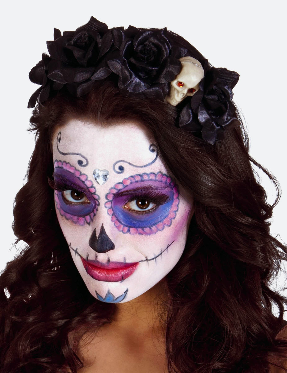 črni rožnati naglavni trak s lobanjo Dia de los muertos za ženska
