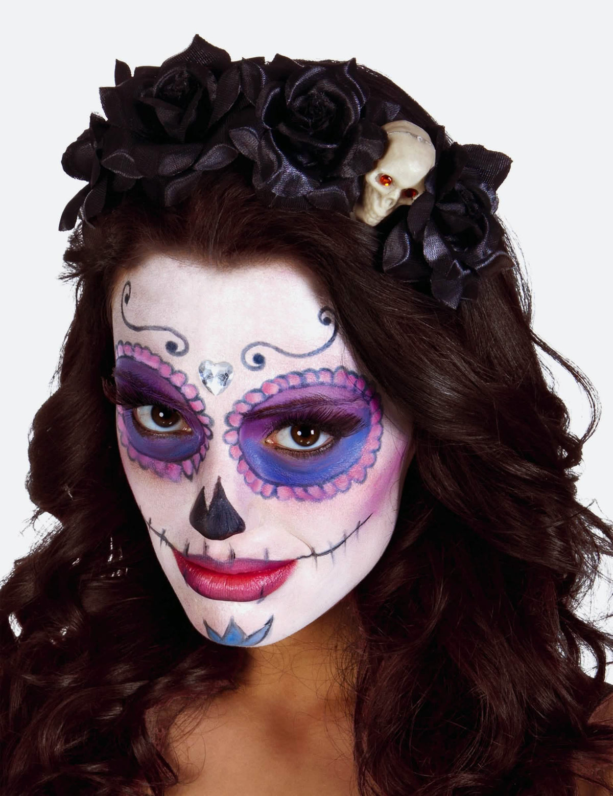črni rožnati naglavni trak s lobanjo Dia de los muertos za ženska