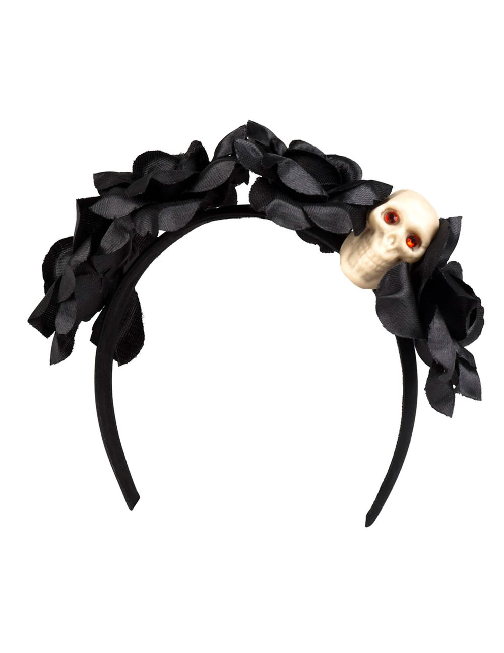 Pogled od spredaj na naglavni trak z črnimi rožami in lobanjo Dia de los muertos