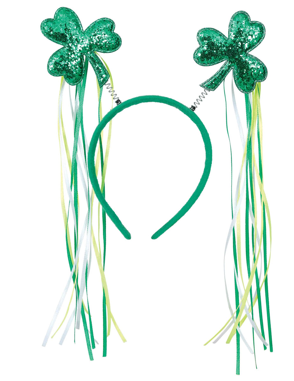 Détail des trèfles à paillettes et des rubans du serre-tête trèfles avec rubans St Patrick