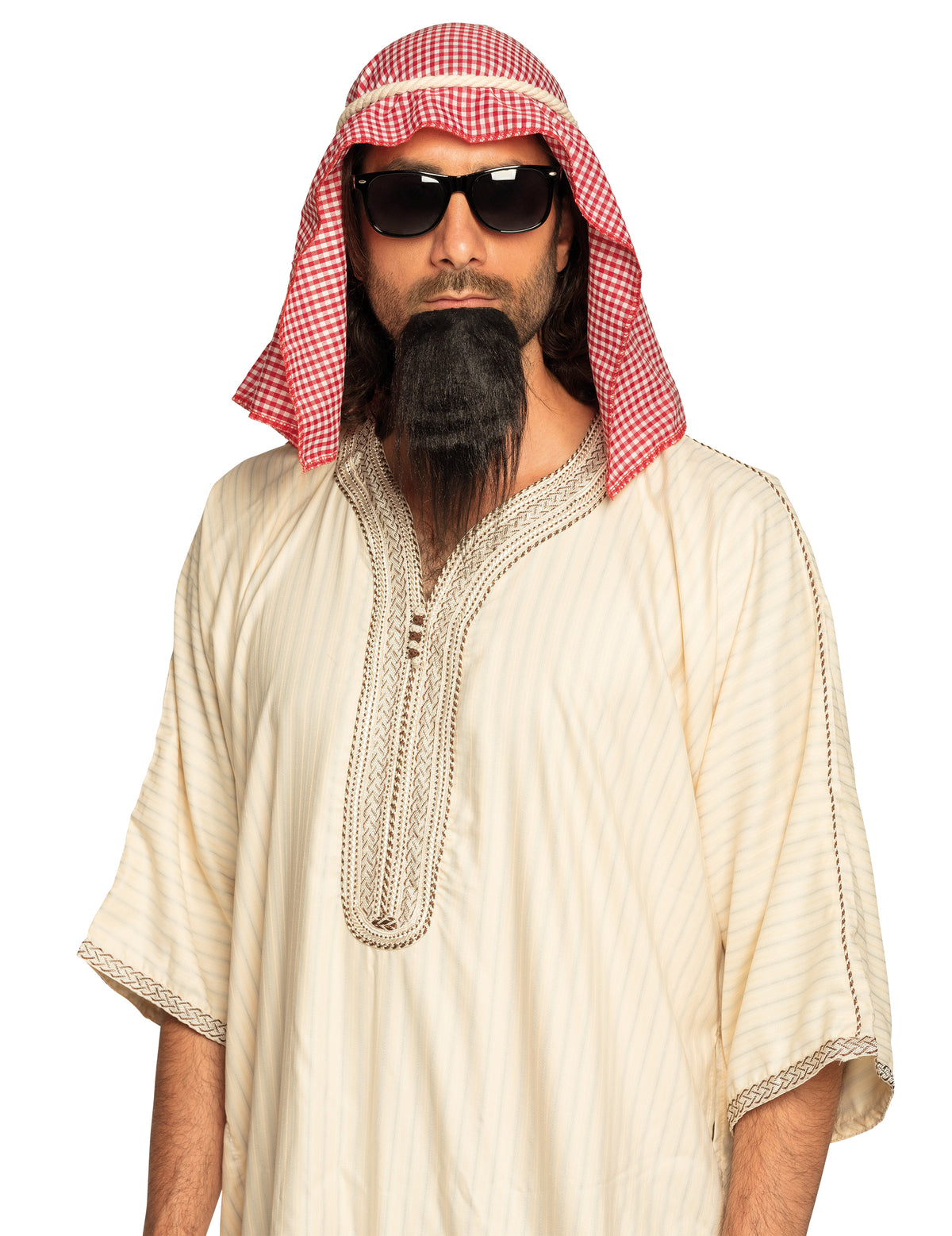 Set accessoires cheikh arabe pour adulte avec coiffe rouge et blanc et barbichette noire