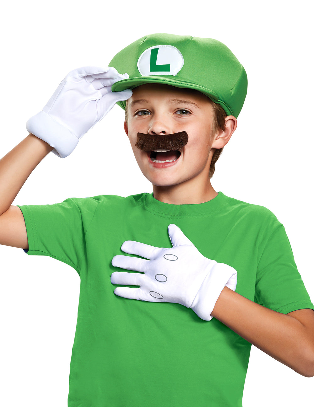 Set accessoires Luigi pour enfant avec casquette moustache et gants blancs