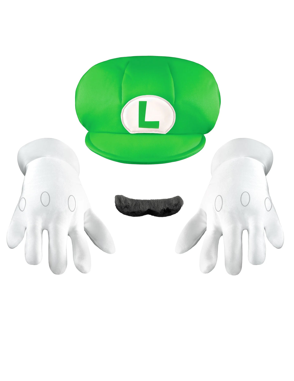 Vue d'ensemble de la casquette de la moustache et des gants du set accessoires Luigi pour enfant