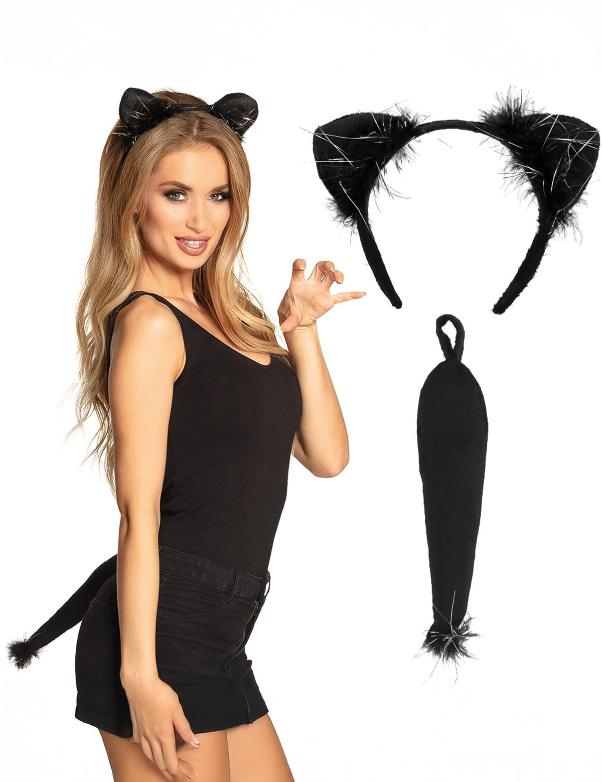 Set chat pour adulte noir avec serre-tête oreilles et queue